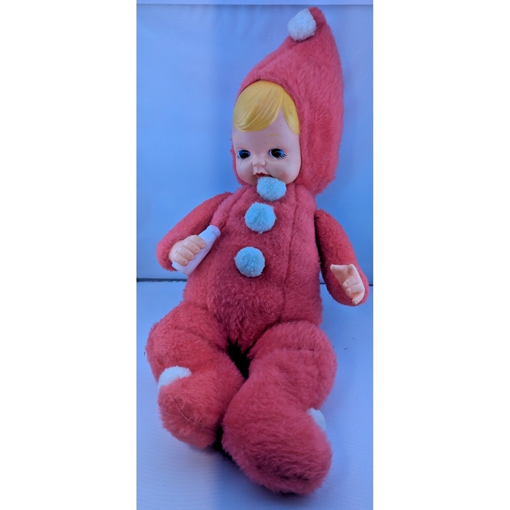 Vintage 21" Rubber Face Baby Doll Bottle Red Pixie Snow Suit 1950s Rushton Plush